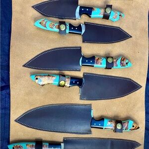 Set of Custom Blue and Brown Knives with Sheaths